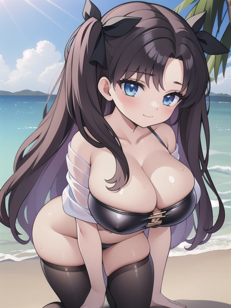 master-piece, bestquality, 1girls,, View viewers from front, HD, slight smile, massive tits, cleavage, under , tights cloth, , tiny body, under tits cleavage, look down, wide hips, on kneels, tohsaka_rin_alt, dress, bitch, at beach, wet, pink hair,