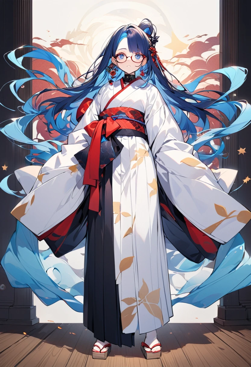 ### Character Design for SeaArt AI:

**Name**: [Choose a fitting name based on the character's attributes]

**Appearance**:
- **Hair**: 
  - **Color**: Predominantly red with blue waves streaking through.
  - **Style**: Medium-length and wavy, with the blue waves creating a striking contrast against the red. The hair is styled with a side part, with strands falling gently over the forehead.
  - **Bangs**: Soft, wavy bangs that frame the face, with the blue waves interspersed throughout.
- **Eyes**: 
  - **Right Eye**: Red.
  - **Left Eye**: Blue.
  - The eyes are vibrant and striking, adding to the character's unique appearance.
- **Glasses**: 
  - **Type**: Round, thin-framed glasses that sit neatly on the bridge of the nose.
  - The glasses give a scholarly and thoughtful appearance.

**Clothing**:
- **Kimono**: 
  - **Color**: Light-colored base (such as white or off-white).
  - **Pattern**: A basic star pattern scattered across the fabric, creating a simple yet elegant look.
  - **Fit**: Traditional, loose fit with wide, flowing sleeves.
  - **Obi (Sash)**: Dark-colored (such as black or deep blue), tied around the waist to secure the kimono.
  - **Collar**: Neatly folded, worn in a traditional manner with the left side over the right.

**Accessories**:
- **Footwear**: Traditional wooden sandals (geta) or simple indoor slippers (zori) to match the kimono.
- **Additional Accessories**: A small, decorative hairpin or clip that matches the kimono's color scheme, adding a touch of personal style.

**Overall Look**:
The character has a unique and captivating appearance, blending traditional elements with modern, vibrant colors. The red and blue hair, along with the mismatched eyes, creates a striking visual contrast, while the simple star-patterned kimono and glasses give a sense of elegance and intelligence. This character stands out with their distinctive and memorable design. 
