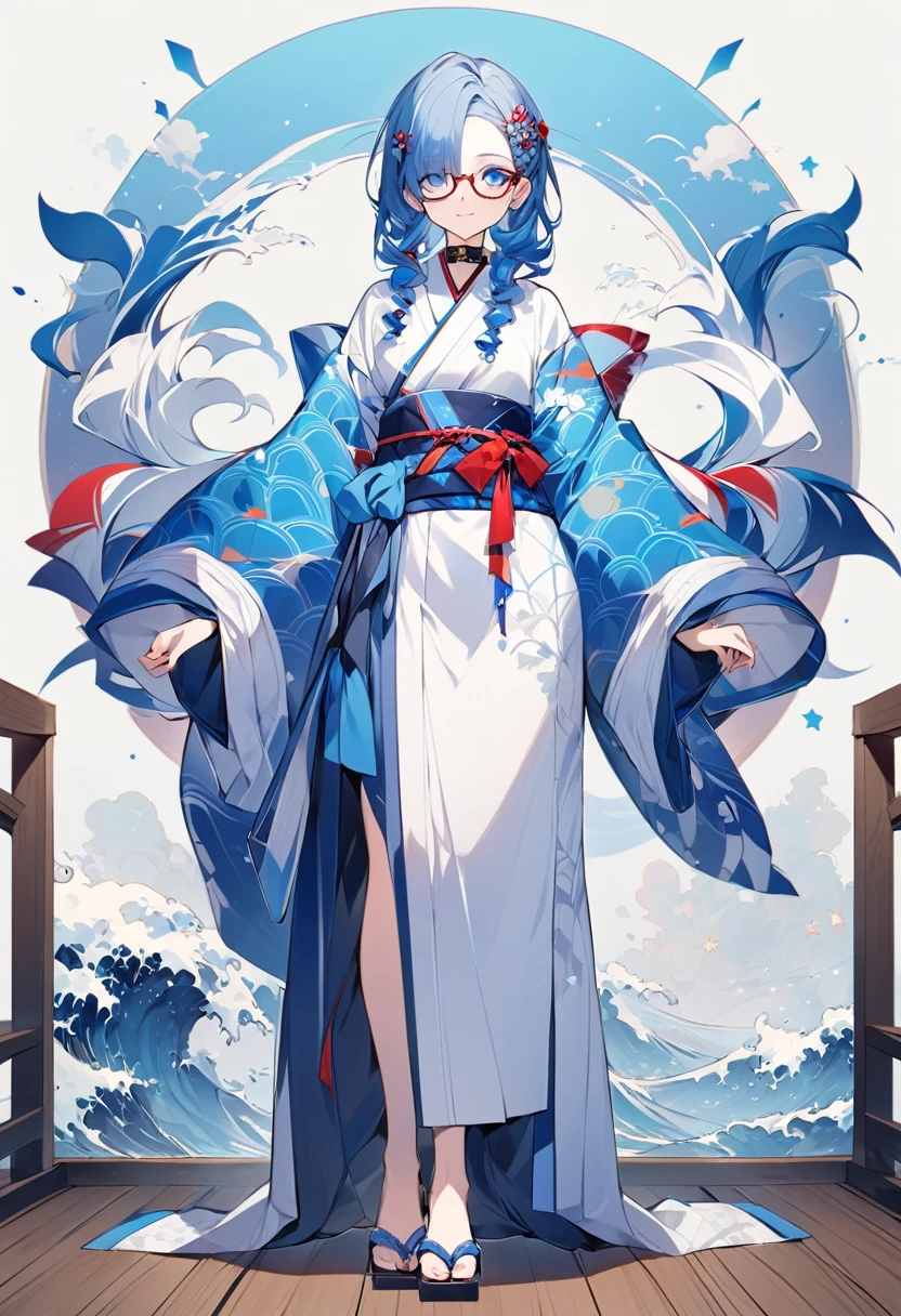 ### Character Design for SeaArt AI:

**Name**: [Choose a fitting name based on the character's attributes]

**Appearance**:
- **Hair**: 
  - **Color**: Predominantly red with blue waves streaking through.
  - **Style**: Medium-length and wavy, with the blue waves creating a striking contrast against the red. The hair is styled with a side part, with strands falling gently over the forehead.
  - **Bangs**: Soft, wavy bangs that frame the face, with the blue waves interspersed throughout.
- **Eyes**: 
  - **Right Eye**: Red.
  - **Left Eye**: Blue.
  - The eyes are vibrant and striking, adding to the character's unique appearance.
- **Glasses**: 
  - **Type**: Round, thin-framed glasses that sit neatly on the bridge of the nose.
  - The glasses give a scholarly and thoughtful appearance.

**Clothing**:
- **Kimono**: 
  - **Color**: Light-colored base (such as white or off-white).
  - **Pattern**: A basic star pattern scattered across the fabric, creating a simple yet elegant look.
  - **Fit**: Traditional, loose fit with wide, flowing sleeves.
  - **Obi (Sash)**: Dark-colored (such as black or deep blue), tied around the waist to secure the kimono.
  - **Collar**: Neatly folded, worn in a traditional manner with the left side over the right.

**Accessories**:
- **Footwear**: Traditional wooden sandals (geta) or simple indoor slippers (zori) to match the kimono.
- **Additional Accessories**: A small, decorative hairpin or clip that matches the kimono's color scheme, adding a touch of personal style.

**Overall Look**:
The character has a unique and captivating appearance, blending traditional elements with modern, vibrant colors. The red and blue hair, along with the mismatched eyes, creates a striking visual contrast, while the simple star-patterned kimono and glasses give a sense of elegance and intelligence. This character stands out with their distinctive and memorable design. 