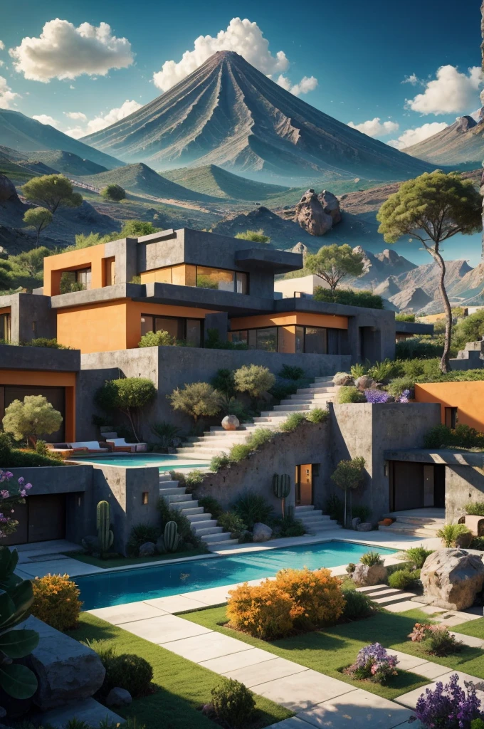 Multiple houses, brutalism style, Luis Barragán, Mountains in background, river, pool, terraces, stairs, garden terraces, trees, beautiful clouds, moon, sun, detailed, cacti, boulders, volcanic rocks, fuggy, Violet, orange, olive green, blue