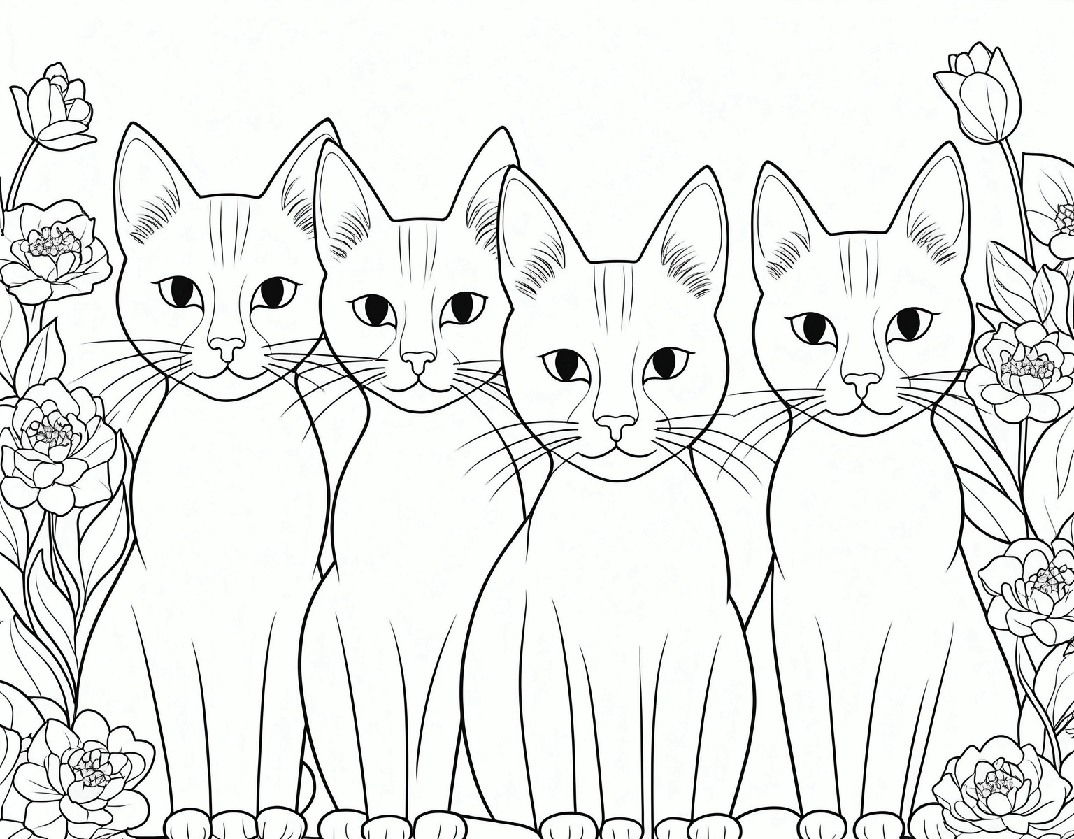 A printable black and white coloring page featuring cats, clean very simple line art, The line is quite simplified.