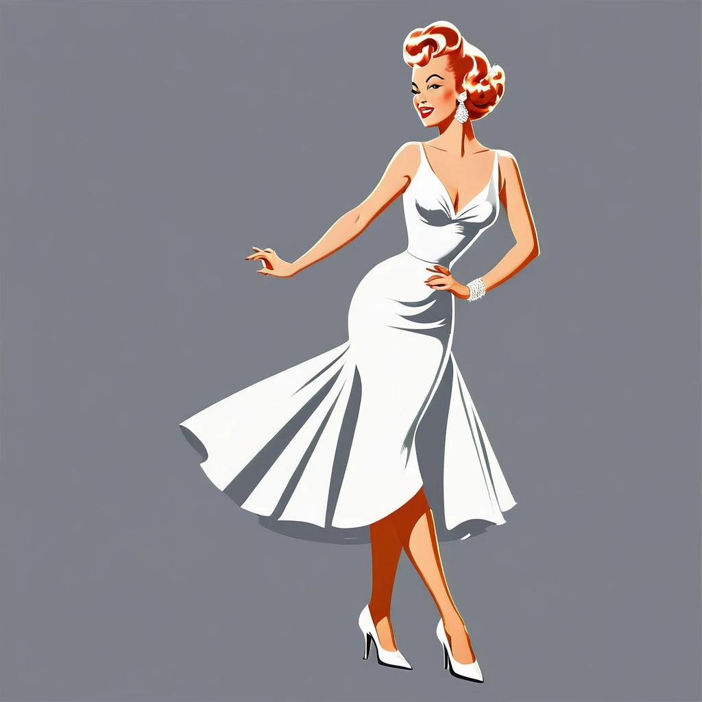 rafed woman in white dress playing a base on grey background, inspired Tex Avery, Retro illustration, base, In the style of digital illustration, Flat Vector Art, jazz, 1950s illustration style, stylized digital illustration, Manga style illustration, Tex Avery, Pinup Poster Girl, Vector style drawing, Vector Art Style, Elegant woman