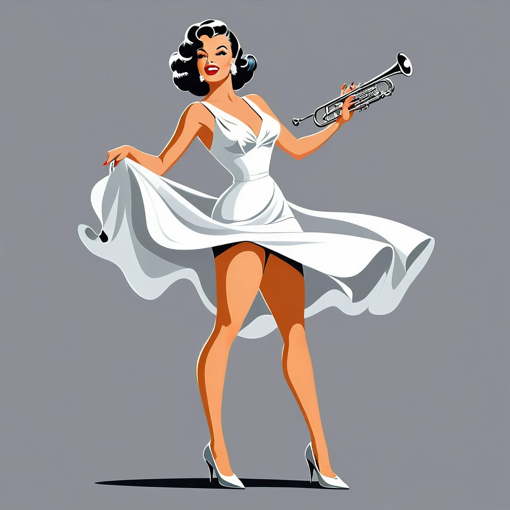 rafed woman in white dress playing a base on grey background, inspired Tex Avery, Retro illustration, base, In the style of digital illustration, Flat Vector Art, jazz, 1950s illustration style, stylized digital illustration, Manga style illustration, Tex Avery, Pinup Poster Girl, Vector style drawing, Vector Art Style, Elegant woman