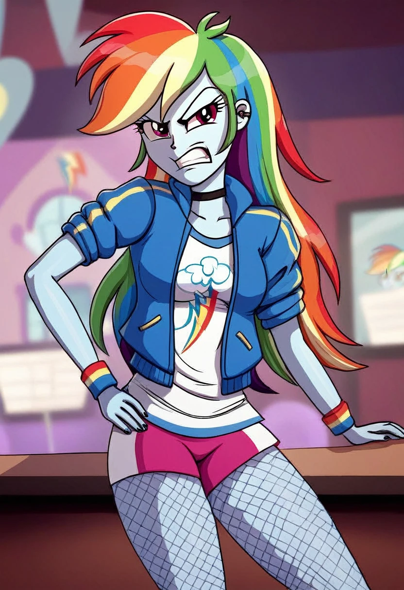 Eqg angry rainbow dash  at a school in  in fishnet tights walk 