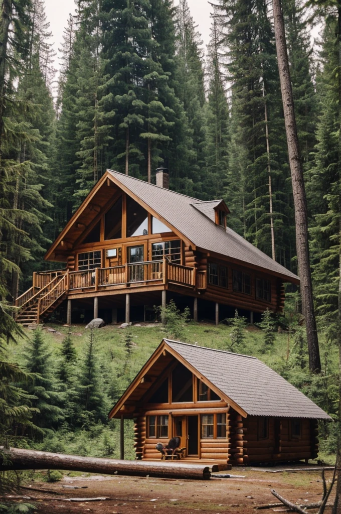 A wooden cabin in the forest with a bear in the foreground eating a mango sitting on a felled log and a giant fist coming out of the forest  