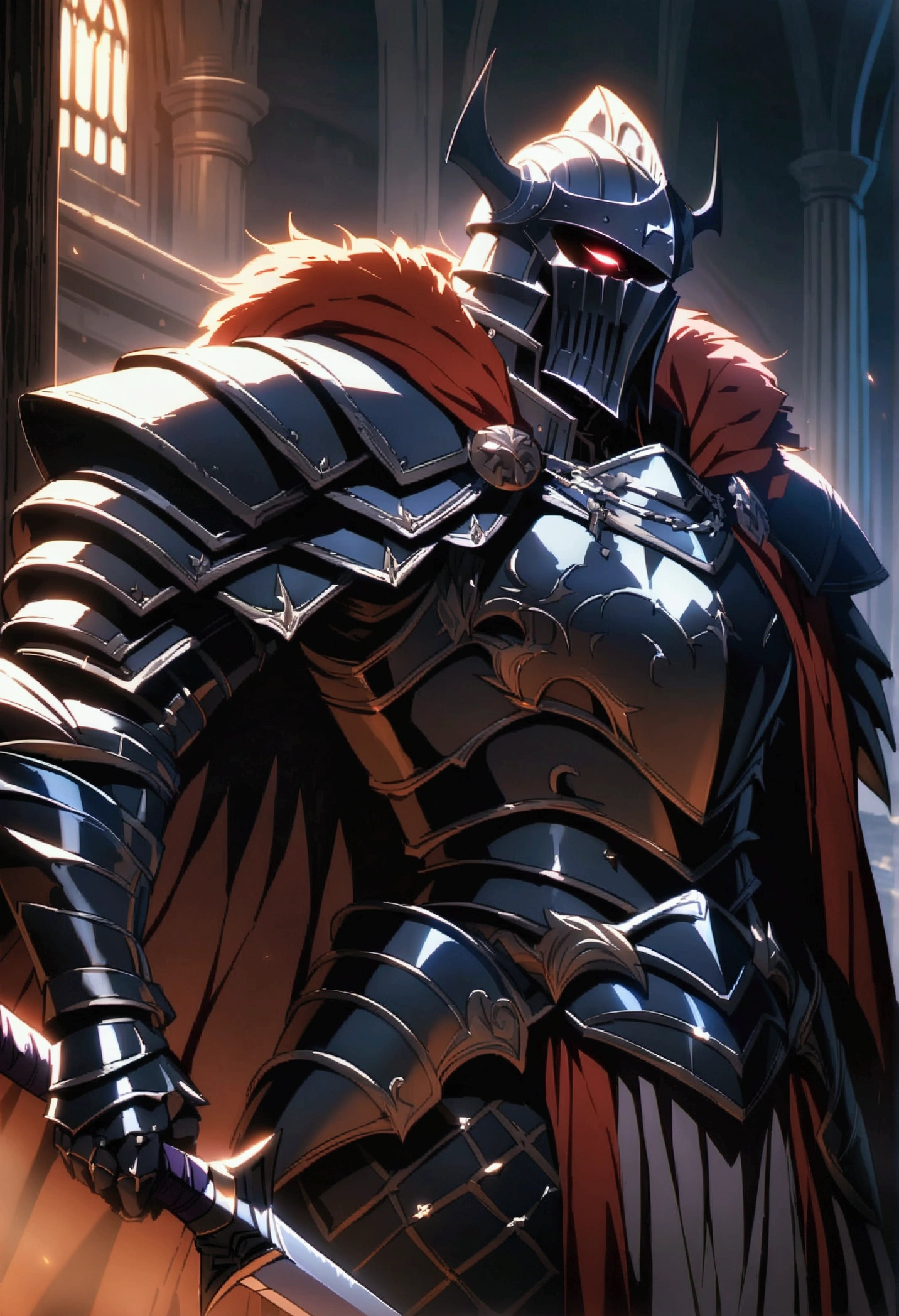 Masterpiece, highest quality, ultra detailed, high quality anime, evil knight, heavy armor, sharp edges, intimidating helmet, tattered cloak, holding sword, dark aesthetic, cinematic lighting, fantasy setting