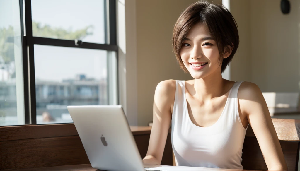 masterpiece, realistic, photorealistic, best quality, beautiful detailed, natural lighting, sharp focus, slim body, abs:1.2, small breasts, best quality real texture skin, Detailed beautiful delicate face and eyes, A beautiful 20-year-old Japanese woman sitting on a chair at a modern dining table, searching the internet on a computer, with a short haircut, wearing a white tank top and white jogger pants, with double eyelids and a smiling, camera-facing expression, in a full-body composition.