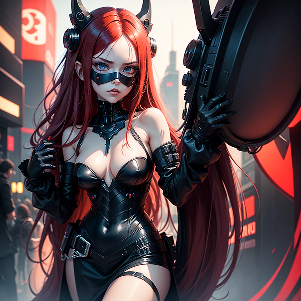 Girl Android demonic gloomy with long red hair she has a playful look she has a mask on her face a respirator she has a deep neckline and bare hips a woman with sexy hips half cyborg modification Beautiful fur blue eyes stands in full height Anime Style black background Cyberpunk style, the camera films Her from below the lower angle of photography a woman stands over the camera a girl hangs over the camera lens and looks into the lens black background image night black city and red neon lights red lamps red lighting red flashes in the background