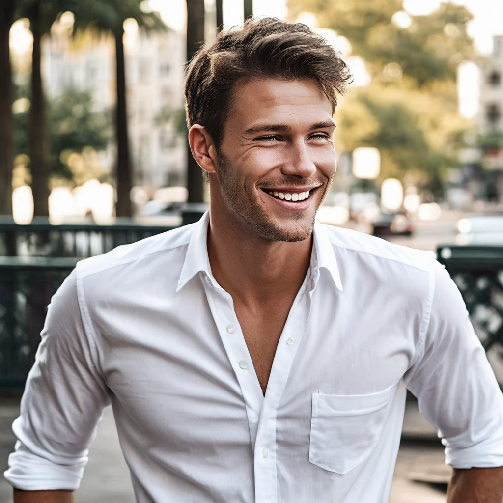 1 handsome man, Wearing a white button-up shirt, detailed, Hot Bromance,Smiling