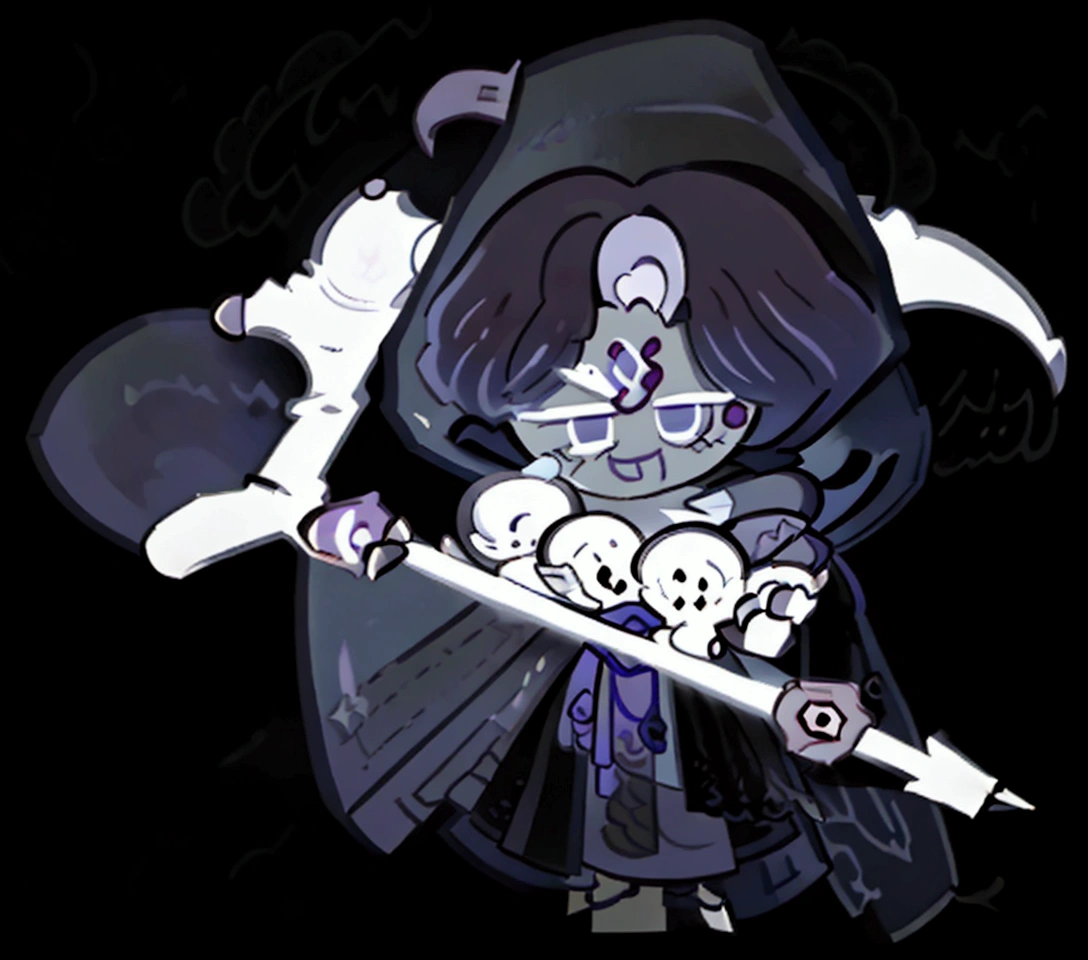 Best quality, masterpiece, black robe and hoodie, white bone scythe, pale skin, laughing grin, male, cookie run kingdom, licorice cookie,