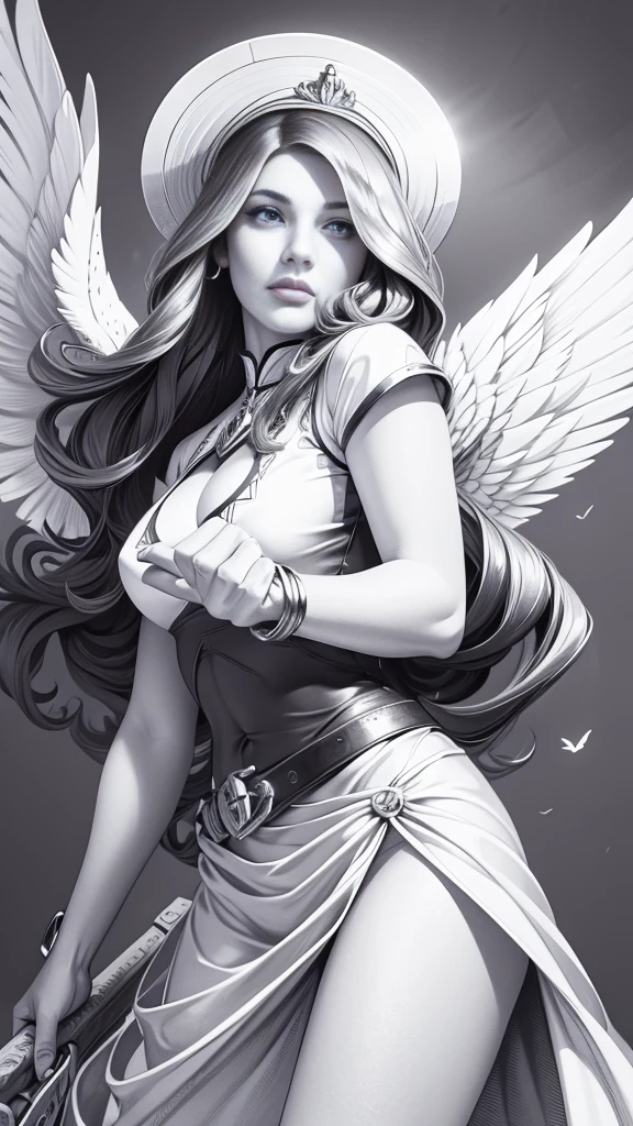 jflw,an animation of a woman in a white dress with a golden belt and wings on her head and her hair in her hand, stanley artgerm lau, a detailed animation, Fantasyart, feathered wings, 
work of art, best qualityer, high-range dynamics, vivid, rich details details, shadows and light highlights, realisitic, concentrated, enhanced contrast, high detailed digital art,