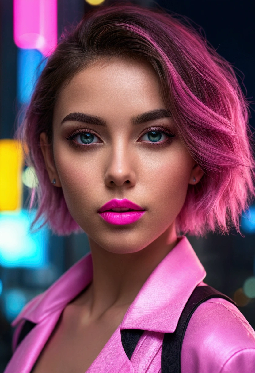(1girl),pink lipstick,4k, 8k, ultra highres, raw photo in hdr, sharp focus, intricate texture,realistic, detailed facial features, highly detailed face, ((best quality)), ((masterpiece)), ((detailed)), (Striking), Captivating, (Astounding), Architecture,Glass skyscrapper,tall building,night,standing,cyberpunk outfit,cyberpunk, Neon light, Electrifying light, Vibrant glow, Neon illumination, Sharpness throughout, Balanced depth of field,closeup,cute,perfect eyes,Lina1