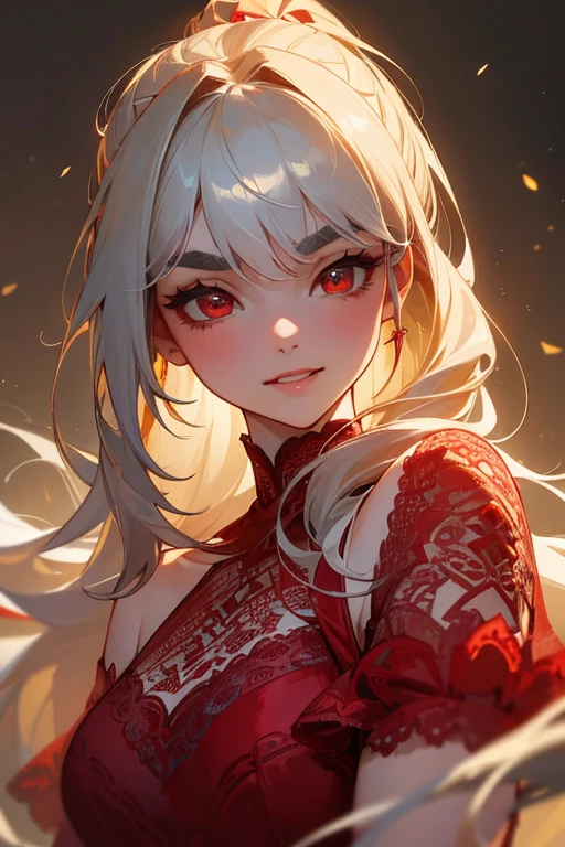 (Highest quality, masterpiece:1.2), (High resolution, 最高masterpiece).(difficult).Very detailed, Realistic:1.37, Fantasy, An illustration,Gray Hair、 Red eyes、Queen, White and blue dress、beautifully、Eyeshadow Red、Thick eyebrows、Long eyelashes、pupils are black、shiny on the lips、Top Sites、Queen、Princess、A kind smile、Show your teeth a little and smile、Soft impression、people々々々々々Loved by、(Slimming the face).Shoulder Bare、ponytail、Kissing Face、Long white hair、Shaggy Bangs、(Save face image).((Red lace dress))、(Gold decoration).
