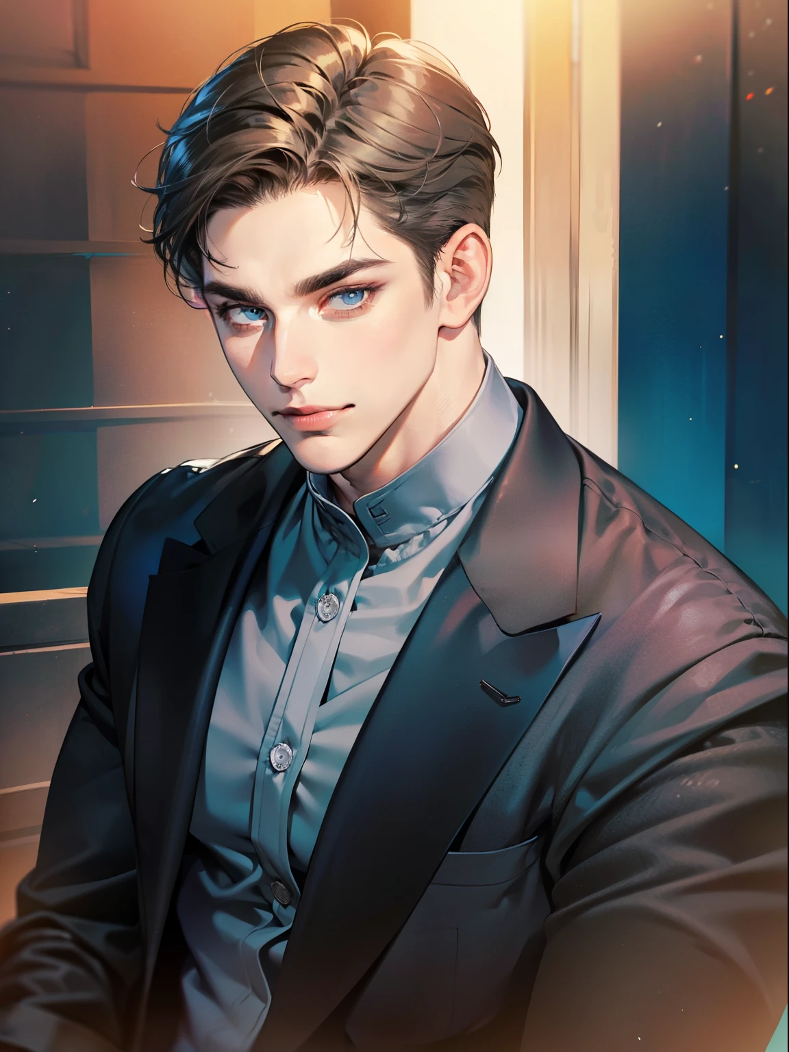 masterpiece, best quality, realistic, 1man,  male, quiet and charming young man, 41 year old, serious look, closed mouth, portrait, extremely detailed face, cold smile, ((dark grey blue eyes)), ((short-right-swept dark black hair)), [thick eyebrows], ((suit)), handsome, full body, western, Jewish, light brown skin,