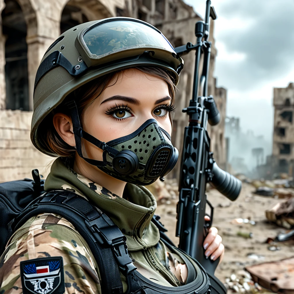 Young and very beautiful female sniper, aiming the muzzle of her sniper rifle at the viewer, detailed ideal proportions, shapely large breasts, detailed face, beautiful eyes, long eyelashes, serious expression, tactical helmet, camouflage latex suit, tactical equipment, sniper rifle, war-torn landscape, cloudy, foggy, ruins, wreckage, cinematic lighting, grainy, gloomy, dark, muted colors, realistic, 8k, high resolution, detailed description, masterpiece