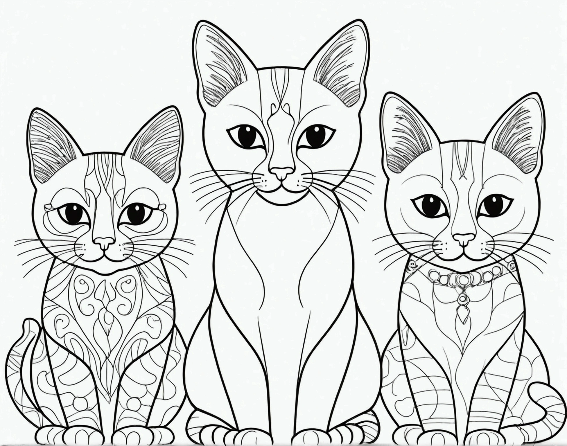 A printable black and white coloring page featuring cats, clean very simple line art, The line is simplified.