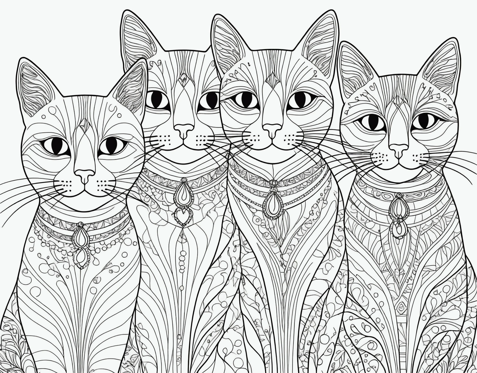 A printable black and white coloring page featuring cats, clean very simple line art, The line is simplified.