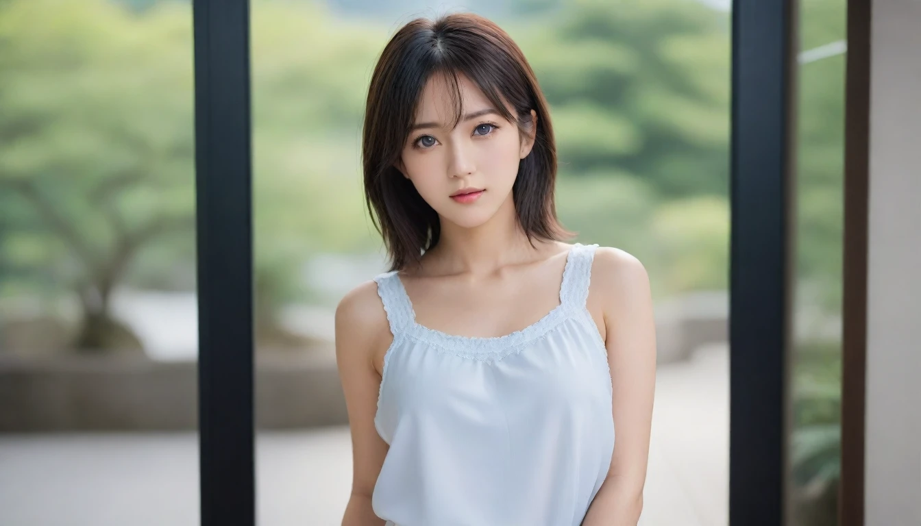 8k, Ultra-high resolution, Highest quality, masterpiece, 三分割法によるphotograph,Surreal, photograph, 1 Girl, (16 years old:1.3), pretty girl, Cute Face, Beautiful eyes in every detail, 細かくdetailedに,masterpiece,One Girl:1.2, Japan Female Announcer,upper body,blank expression,Black Hair,Messy hair,Station platform,風景photograph,Clean and modest clothing,Natural Makeup,Beautiful leg line beauty,Realistic Skin, Perfect and beautiful face ,完璧でCute Face, Skin with attention to detail, Perfect limbs、Narrow waist、Thin legs),Looking at the audience、beauty,Long neck、(((Ideal body type))),A cup small breasts :2,Portraiture:2,Perfect Anatomy,鮮明なdetailed,detailed,Surreal,Light and shadow,dappled sunlight