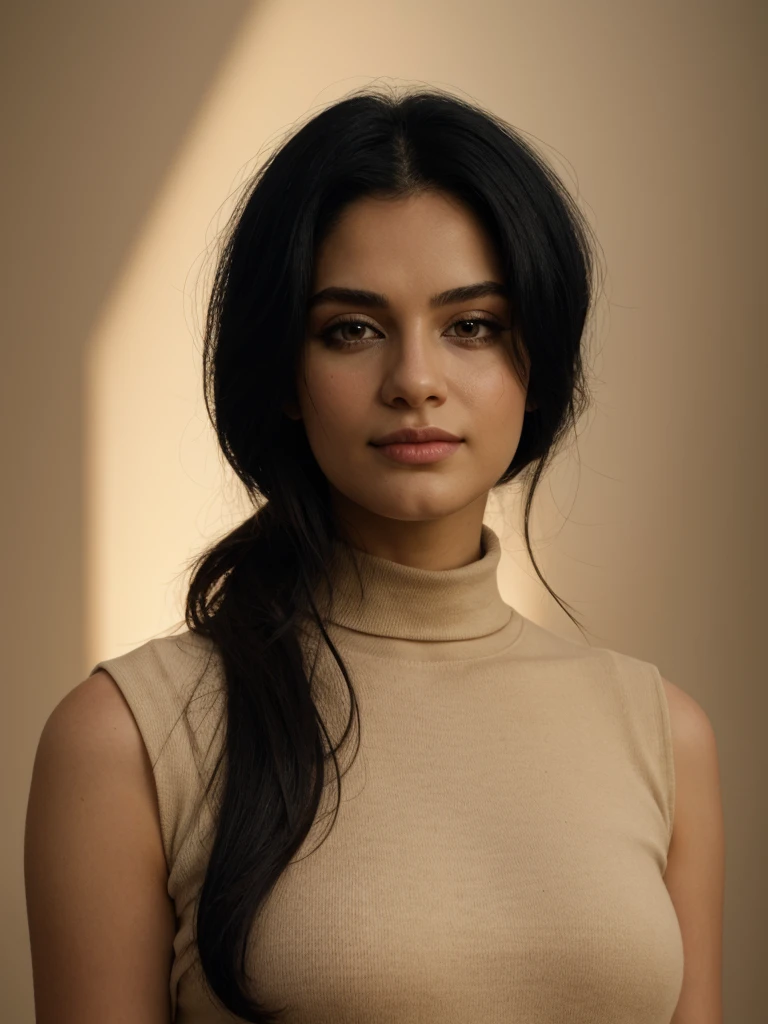Best quality, masterpiece, ultra high res, (photorealistic:1.5), raw photo, 1 mature Ancient Egyptian girl, black sleeveless turtleneck, wide shoulders, in the dark, deep shadow, low key, cold light, sexy look, black Cleopatra's hair (((black hair))), bright eyes, yin sanpaku eyes, eyeshadow, (((plain beige background))), cinematic studio lighting