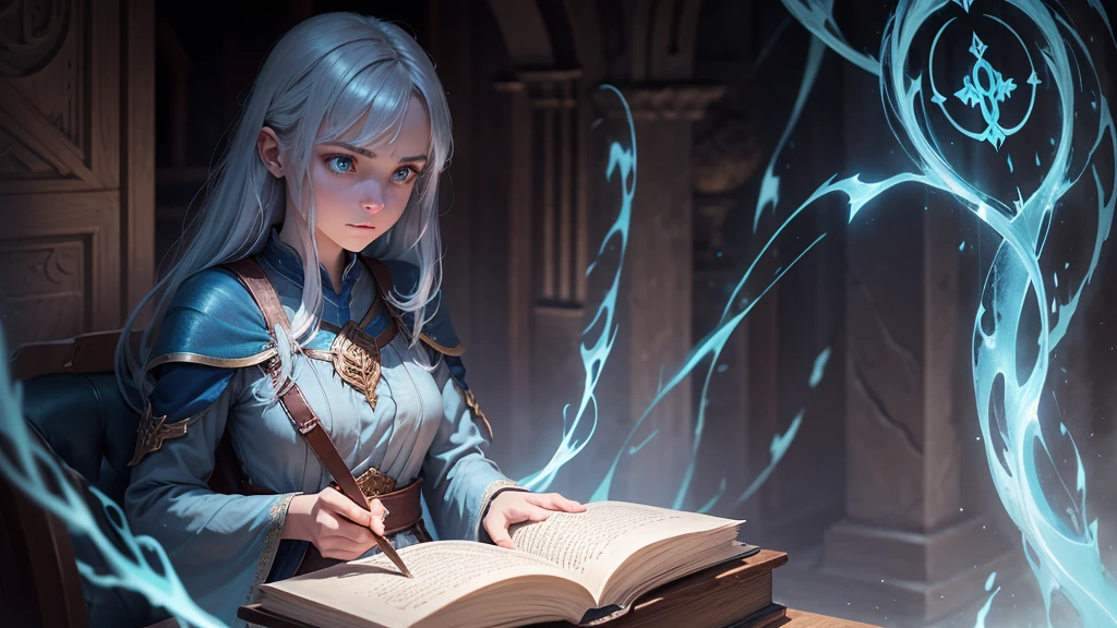Generate a picture of how you imagine Nimelia, a young woman with power exorcist and determined eyes, clad in a simple tunic. A faint blue ethereal glow surrounds her, hinting at her hidden power. In her hand, she clutches a worn leather-bound book, its pages filled with ancient symbols. Imagine the all bory 2D character sideways