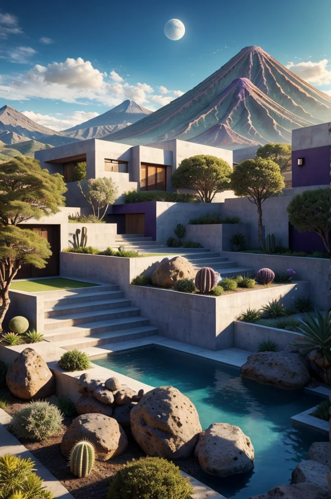 Multiple houses, brutalism style, Luis Barragán, Mountains in background, river, pool, terraces, stairs, garden terraces, trees, beautiful clouds, moon, sun, detailed, cacti, boulders, volcanic rocks, fuggy, Violet, orange, olive green, blue, magenta, amazing volcano in horizont