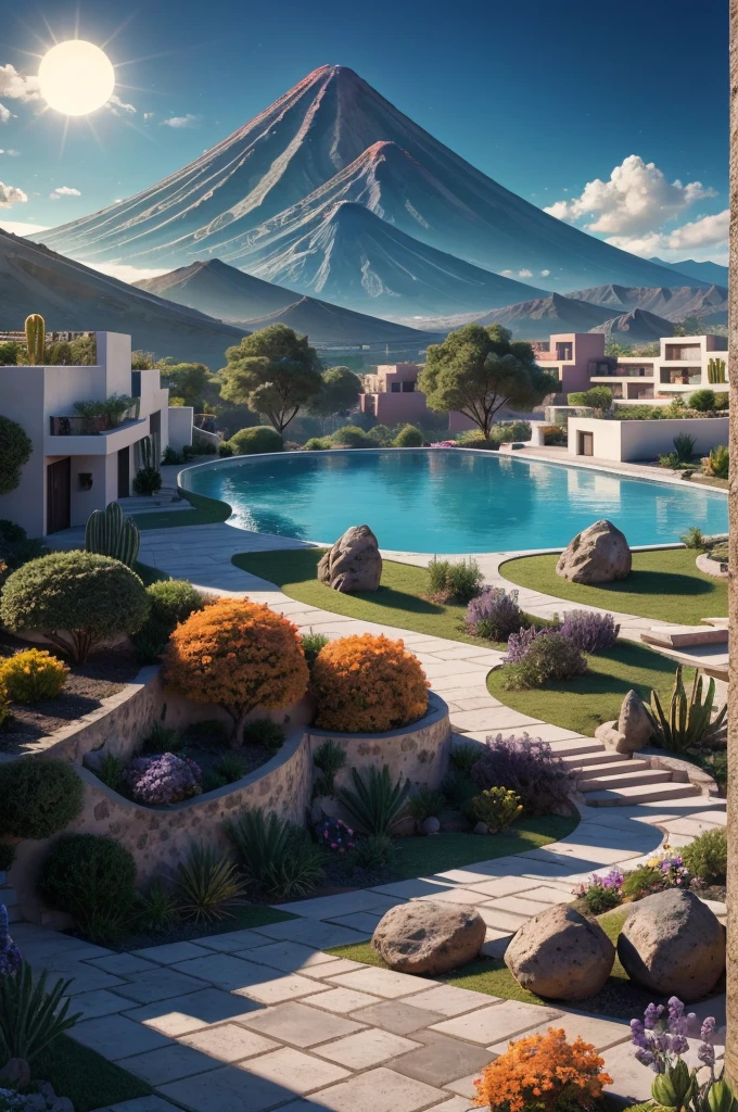 Multiple houses, brutalism style, Luis Barragán, Mountains in background, river, pool, terraces, stairs, garden terraces, trees, beautiful clouds, moon, sun, detailed, cacti, boulders, volcanic rocks, fuggy, Violet, orange, olive green, blue, magenta, amazing volcano in horizont