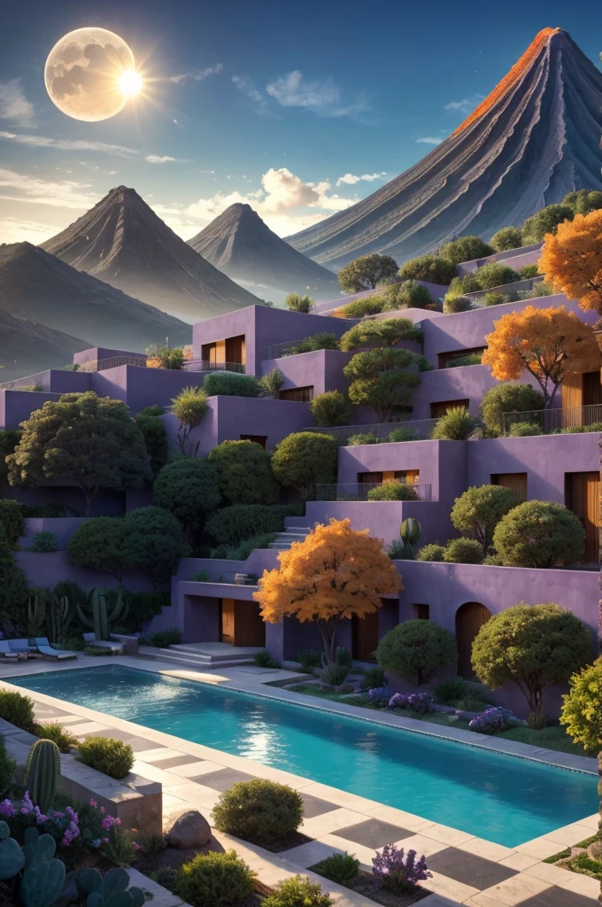 Multiple houses, brutalism style, Luis Barragán, Mountains in background, river, pool, terraces, stairs, garden terraces, trees, beautiful clouds, moon, sun, detailed, cacti, boulders, volcanic rocks, fuggy, Violet, orange, olive green, blue, magenta, amazing volcano in horizont