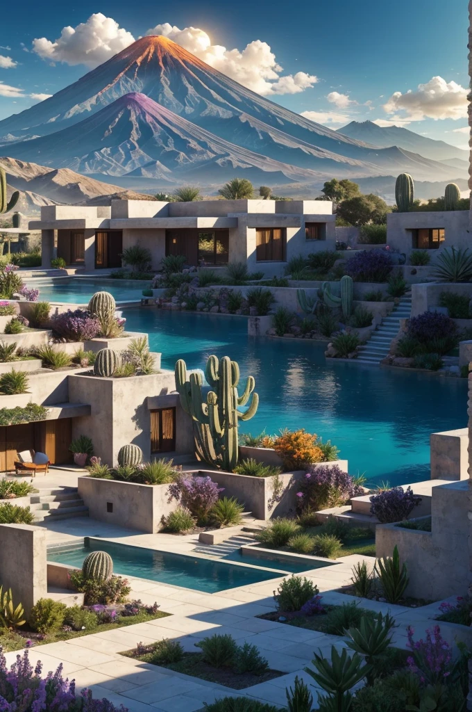 Multiple houses, brutalism style, Luis Barragán, Mountains in background, river, pool, terraces, stairs, garden terraces, trees, beautiful clouds, moon, sun, detailed, cacti, boulders, volcanic rocks, fuggy, Violet, orange, olive green, blue, magenta, amazing volcano in horizont