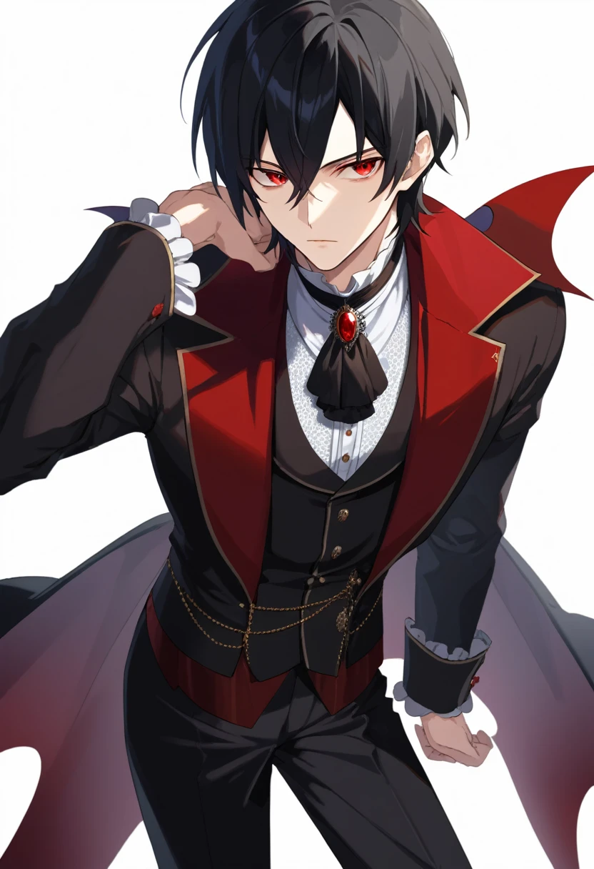 ((highest quality)), 4k resolution, masterpiece, (solo), (((male))), (long, black hair), tall, handsome, attractive, looking at viewer, red eyes, vampire, scowl, frown, Victorian clothing, (standing), simple pose, simple pose, 2D anime style, close up shot, ((plain white background)