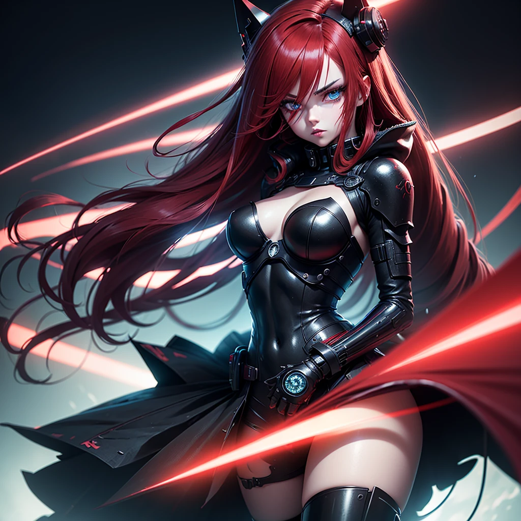 a woman with red lipstick has armor on and is holding a sword, kirijou mitsuru, 1girl, solo, hair over one eye, long hair, (((red hair))), (((red eyes))), weapon, rapier, sword, bodysuit, black bodysuit, grey bodysuit, hand on hip, (((large breasts))), simple background, white background, (purple theme:1.2)