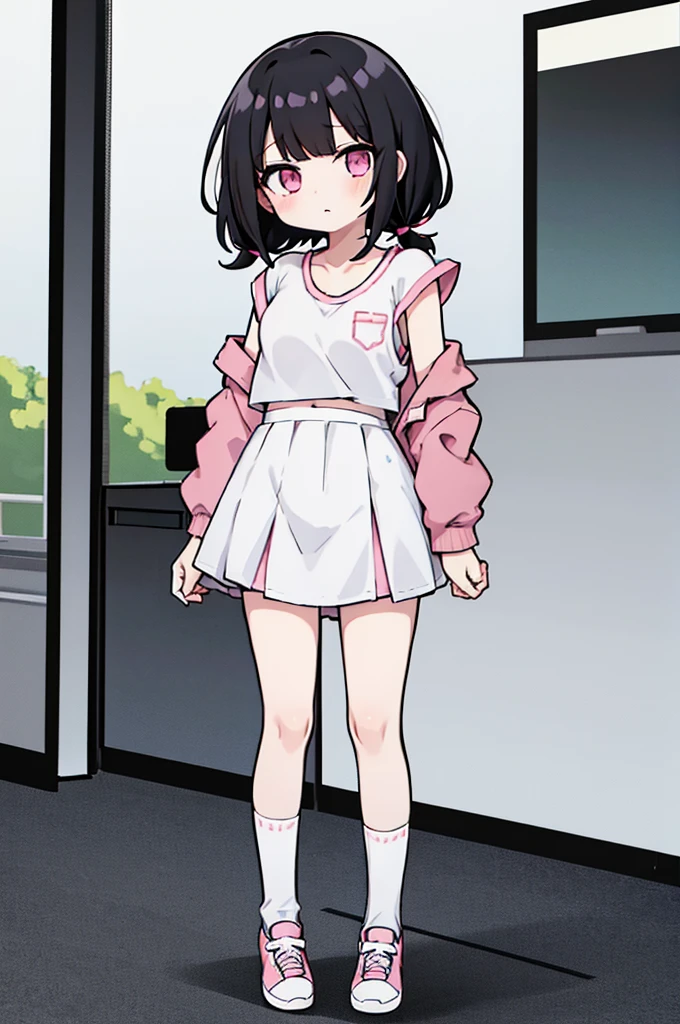 chibi, 1girl, anime girl, black hair, short hair, short twintail, pink eyes, casual outfit, white outfit, short skirt, shoes, white sock, long sock, full body, blank background