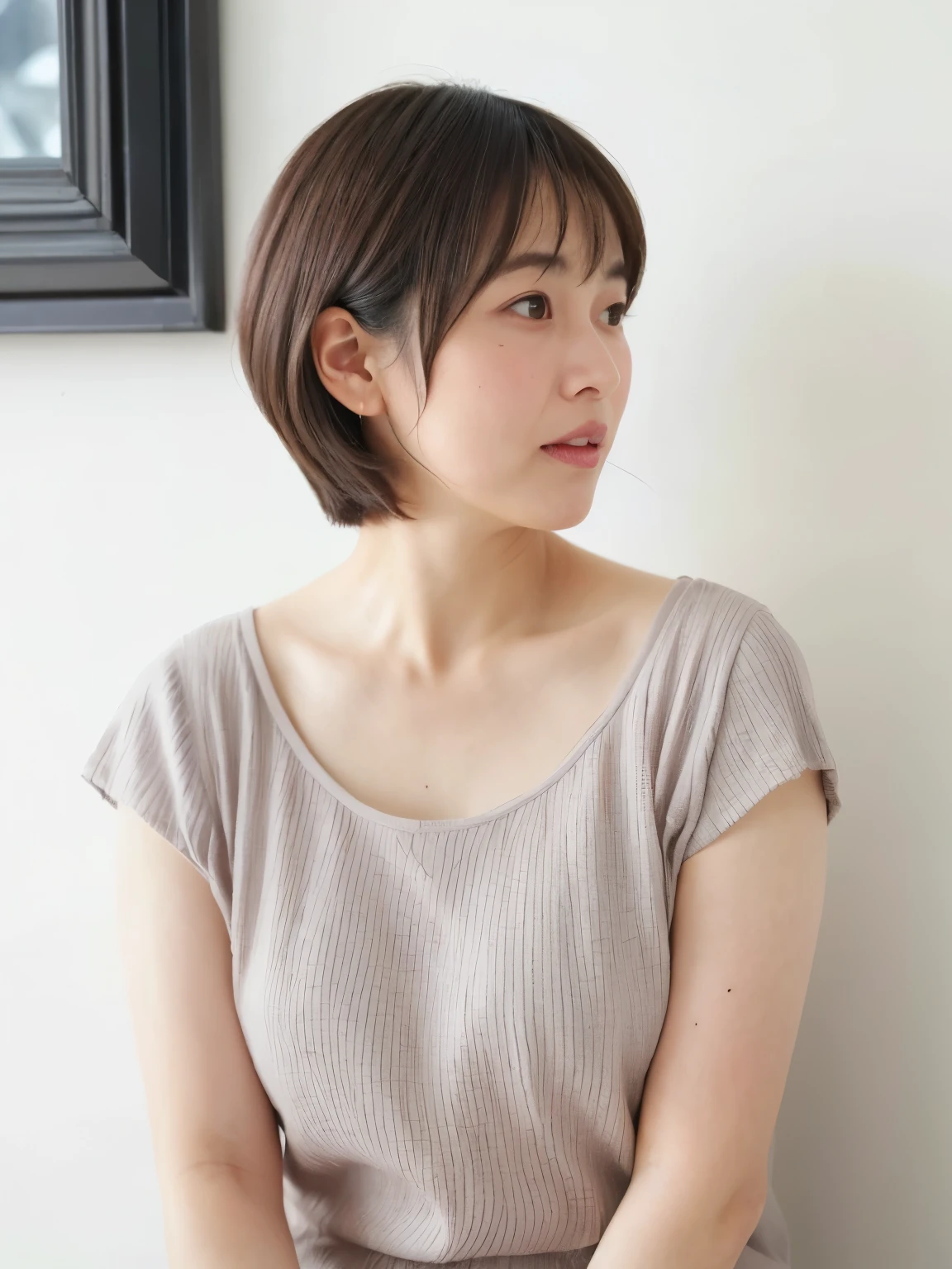 Short sleeve shirt、４０A chubby Japanese woman in her thirties、(White wall in the background、Gray Hair)、profile、Photographed in front of a white wall、Layered Cut、Very delicate hair、(In a room with white walls and windows)、((Highest quality、8k、masterpiece:1.3))、Ultra-high resolution、(photoGenuineistic:1.4)、RAW Photos、Japanese,(detailed aspects)、Genuine、Photographed in natural light、Highly detailed face and skin texture、Highly detailed lips、The correct state of the human body、Shortcuts、short hair、Various poses、Natural color lip