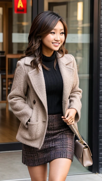 Brenda Song dressed in sensual woolen clothes and smiling