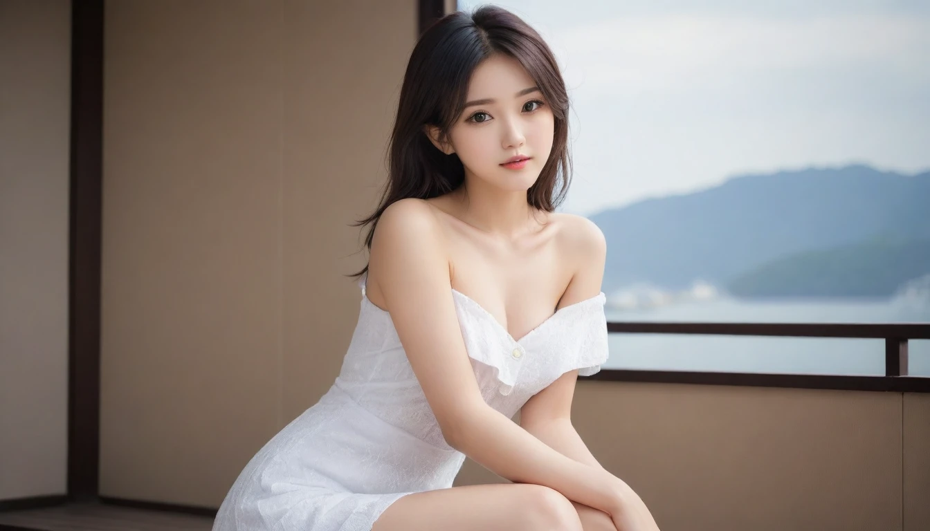 (A 16-year-old Japanese girl with a very slim figure, firm and moderately large breasts, a thin waist, and a very cute, baby face.:1.5),((Full body portrait:1.5)),very narrow waist,All pure white sheer tight miniskirt lingerie, lace gloves, high heels and garter stockings,Frightened look,Standing empty-handed and looking away,girl is looking somewhere,Secretly taken from the side at a distance