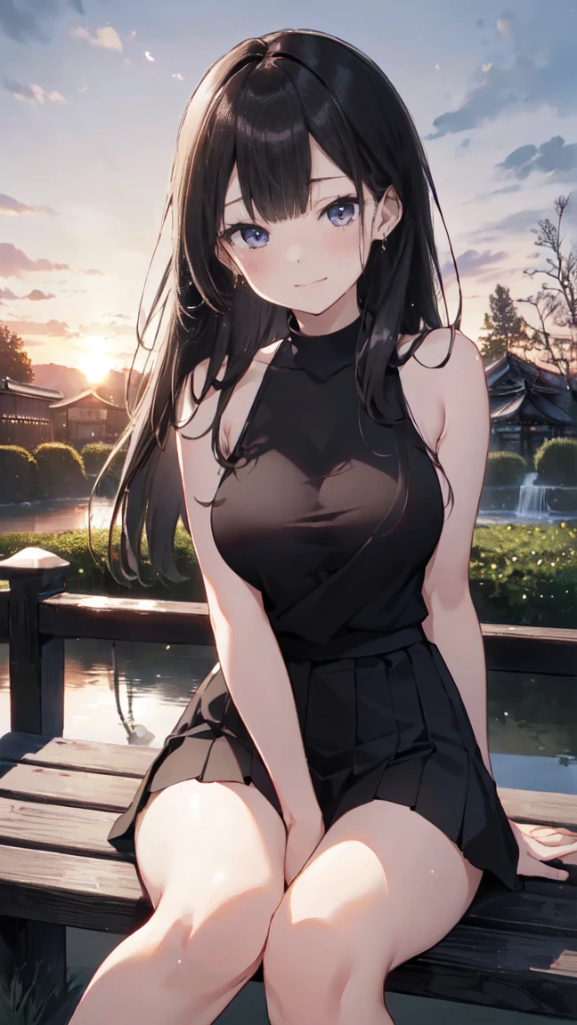 Best image quality, 8k, (Ultra-high resolution:1.5,Japanese,smile,Delicate eyes,Sensitive face,Attractive face,Long Black Hair、garden、Sunset、Fantasy、Black tank top、White itting on a bench、Tears in my eyes、Pensive expression、Big Breasts、