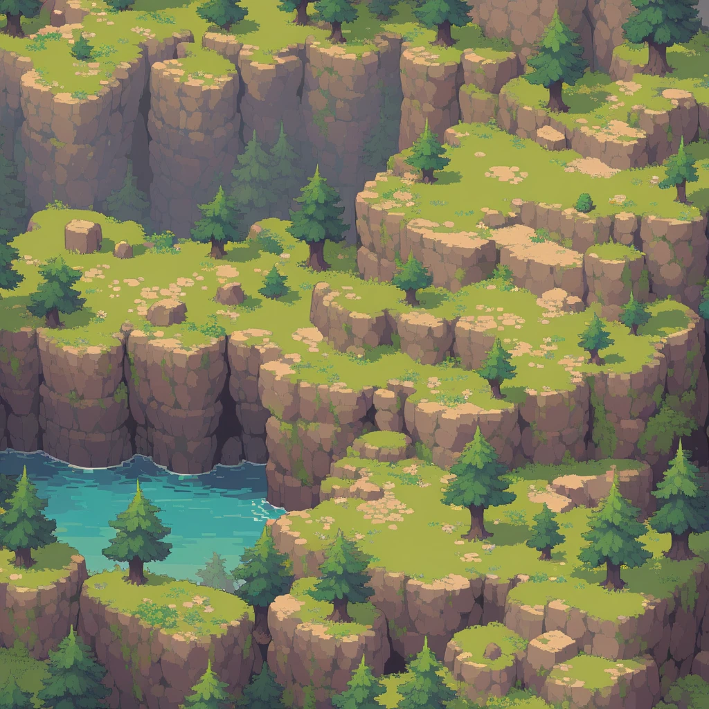 retro video game style,pixelated, vibrant pastel colors,8-bit characters,blocky shapes,sharp lines,detailed shading,classic gaming vibe,nostalgic atmosphere,classic arcade games,masterpiece:1.2,ultra-detailed,illustration style, 2d texture, stone texture, 4 k seamless mud texture, video game texture, dirt texture, tileset, game tiles, grass, 3/4th perspective trees, 3/4th perspective tileable rock texture, 3/4th perspective tileable cliff formations, tileable trees, topdown view, game texture, game art, tileable texture, very detailed cliff texture, intricate stones, top down view, 3/4th perspective