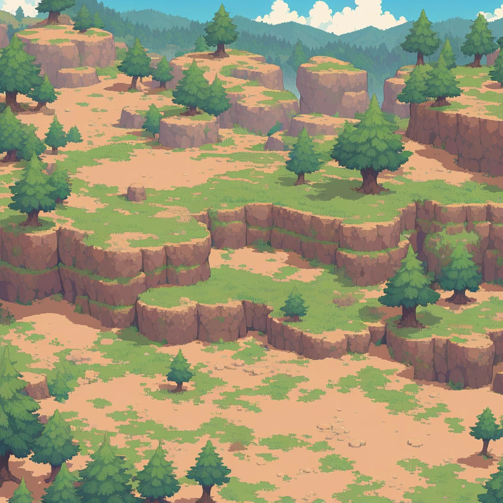 retro video game style,pixelated, vibrant pastel colors,8-bit characters,blocky shapes,sharp lines,detailed shading,classic gaming vibe,nostalgic atmosphere,classic arcade games,masterpiece:1.2,ultra-detailed,illustration style, 2d texture, stone texture, 4 k seamless mud texture, video game texture, dirt texture, tileset, game tiles, grass, 3/4th perspective trees, 3/4th perspective tileable rock texture, 3/4th perspective tileable cliff formations, tileable trees, topdown view, game texture, game art, tileable texture, very detailed cliff texture, intricate stones, top down view, 3/4th perspective