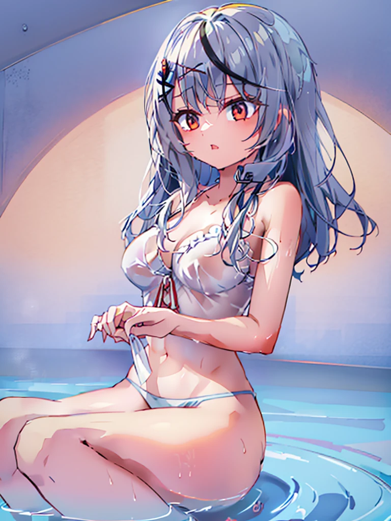 nsfw,gesture:Handjob、Wet、(Y-shirt shows through and  can be seen:1.4)、(Unbroken body),(Perfect body structure),(arms two),(legs two),highest quality, 4K, (High resolution:1.3) masterpiece, 1.2, Super detailed, HDR, Studio Lighting, Sharp Focus, Bright colors, Portrait, Warm tones, Soft Lighting,Silver Hair、Red eyes、