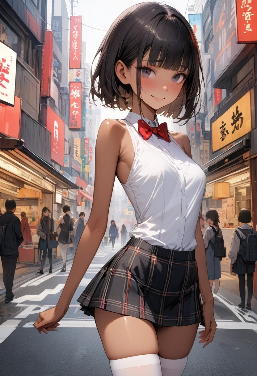 ((masterpiece,Highest quality:1.3,best quality illustration)),((realistic)),cowboy shot,独奏,1woman,(18 year old beauty),black hair,short bob hair,blunt bangs,black eyes,gorgeous big eyes,((very small head:1.3)),shy,smile,((very long body:1.3,skinny,tan skin)),medium breasts,(Red bow tie、White sleeveless shirt、Black plaid mini skirt、white_thighhighs),gleaming skin,toned body,slender body,standing,on street,neon、Shibuya Station、