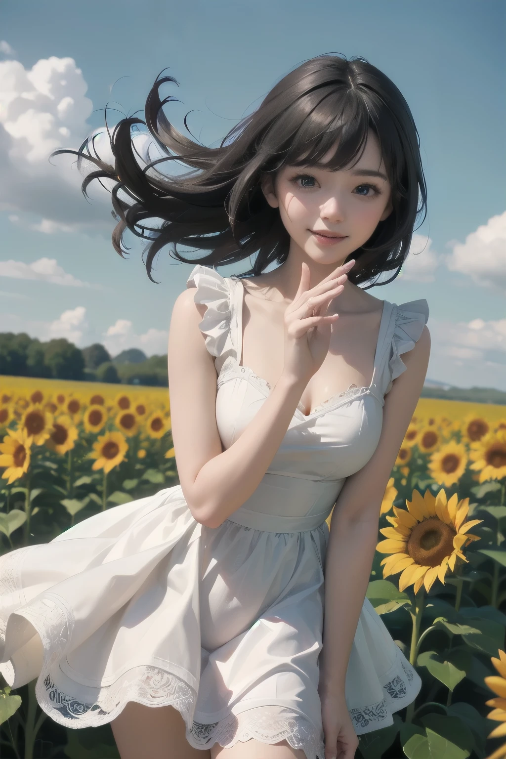 very cute and beautiful girl,A white summer dress with fine lace and frills,(Very exquisite beautiful face and eyes:1.2),
standing in the middle of a field of sunflowers,Beautiful summer sky,(smile:1.2),Happy,Black Hair,Mid Shot,Dynamic pose,Leg details,
(Highest quality,masterpiece:1.2),Absurd,High resolution,Very detailed,Very detailed,32k,8k resolution,
Intricate details,Movie Scenes,Detailed Background,alone,Dynamic Angle,
alone,Hair blowing in the wind,Perfect hands,