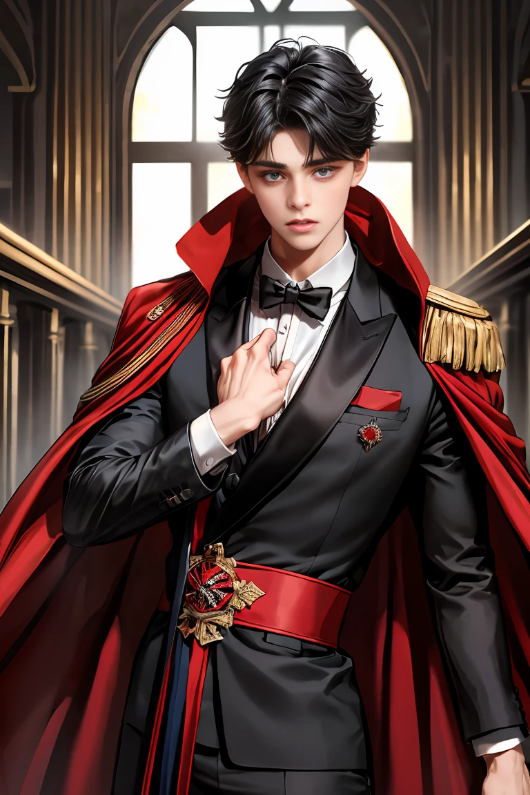 masterpiece, 最high quality, high quality, 1 boy, alone, Male focus, Watching the audience, Messy black hair, Adorable big blue eyes, White people, Noble, Noble,Sexy voluminous black and red cape、Tuxedo、A very voluminous, large, very large, very large, long, long red and black cape with a high stand-up collar, reaching down to the floor, made of a lot of fabric., 17 years old,Cute beautiful boys,Cute, cute, kind, handsome guy