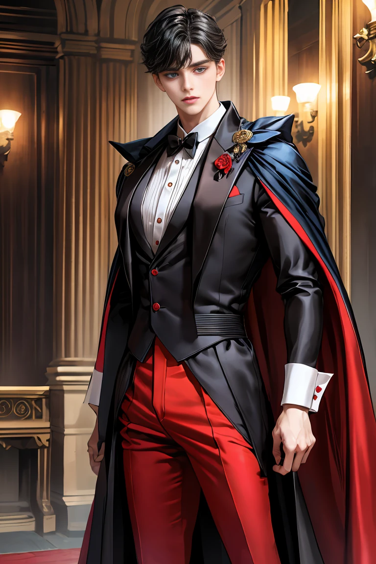 
masterpiece, 最high quality, high quality, 1 boy, alone, Male focus, Watching the audience,  Messy black hair, Adorable big blue eyes, White people, Noble, Noble,Sexy voluminous black and red cape、Tuxedo、A very voluminous, large, very large, very large, long, long red and black cape with a high stand-up collar, reaching down to the floor, made of a lot of fabric., 17 years old,Cute beautiful boys,Cute, cute, kind, handsome guy