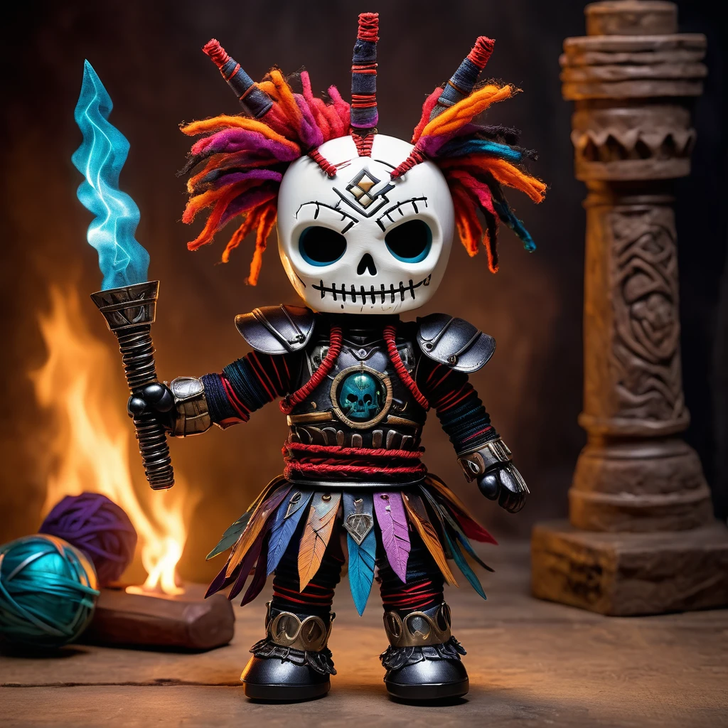 (knitted toy voodoo doll:1.5), (Voodoo Phantom Gladiator:1.3), (Clothing: tattered gladiator armor with dark patterns:1.0), (Accessories: enchanted trident emitting a ghostly glow, floating spectral lions:1.1), (background: dark, ancient coliseum with flickering torches, echoing cheers, and an atmosphere of combative terror:1.2), best quality, masterpiece, detailed soft oil painting, detailed background, dramatic cinematic lighting, soft edge lighting, professional, dramatic lighting, hard edge lighting, ultra quality, 4k,masterpiece, best quality, 8k, ultra highres, highres, extremely detailed