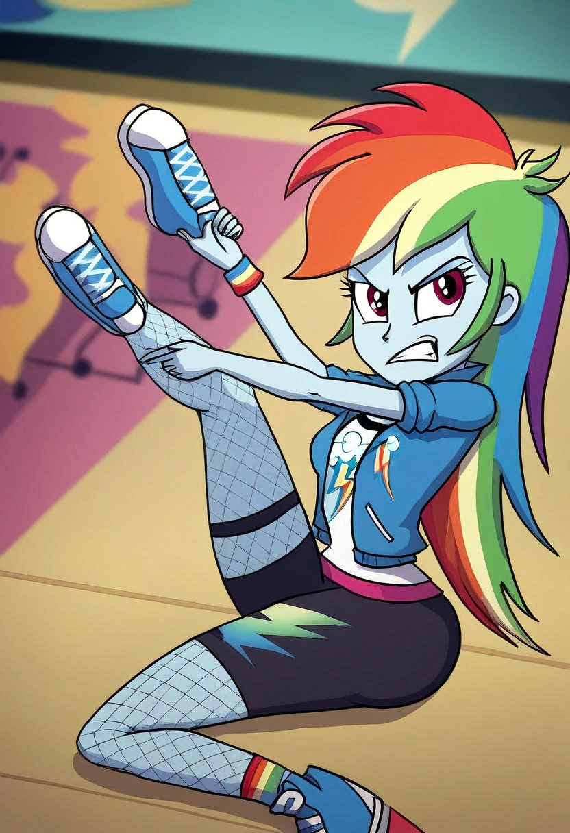 Eqg angry rainbow dash  at a school in  in fishnet tights walk 