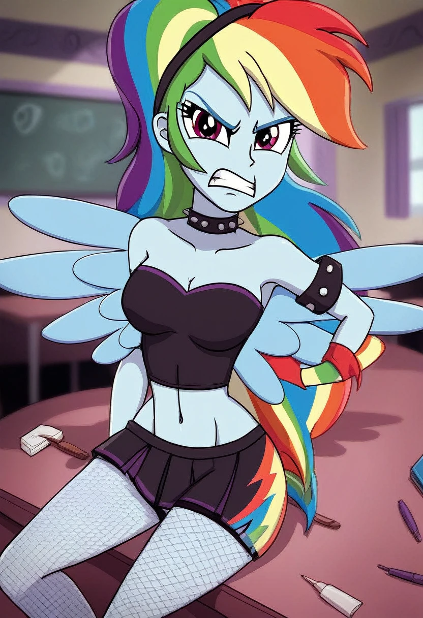 Eqg angry rainbow dash  at a school in  in fishnet tights  walks on a leash