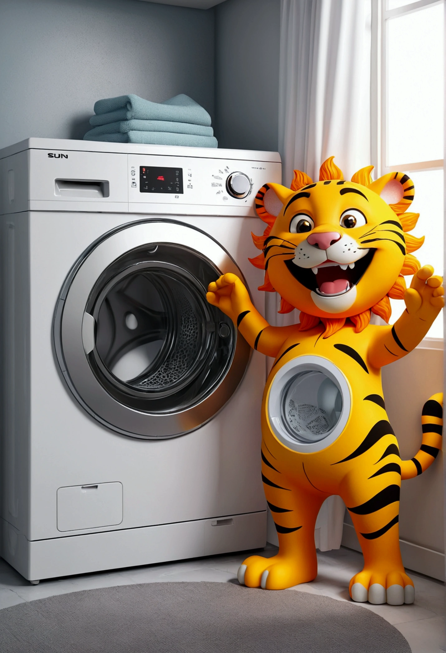 (design of character），Sun with enthusiasm and joy while standing in front of a washing machine, anthropomorphic sun, Mattresses are tiger, smiling, big shiny eyes, Fantastic，Eccentric，similar to a fairy tale, super detailing, pixel style, vibrant with colors, soft natural light, solid color backdrop, 5-octane rendering, a gorgeous, Ultra Wide Angle, 8k, high realism, 8k