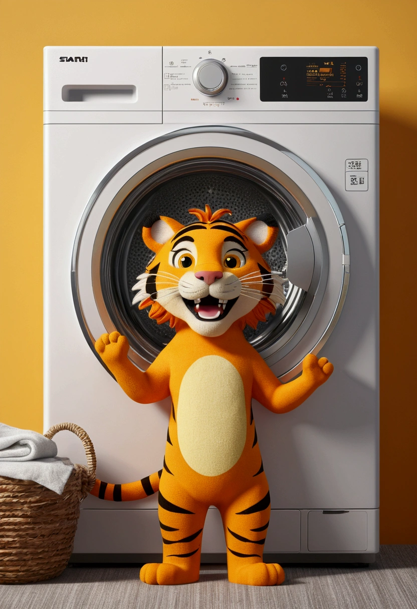 (design of character),Sun with enthusiasm and joy while standing in front of a washing machine, anthropomorphic sun, Mattresses are tiger, smiling, big shiny eyes, Fantastic,Eccentric,similar to a fairy tale, super detailing, pixel style, vibrant with colors, soft natural light, solid color backdrop, 5-octane rendering, a gorgeous, Ultra Wide Angle, 8k, high realism, 8k