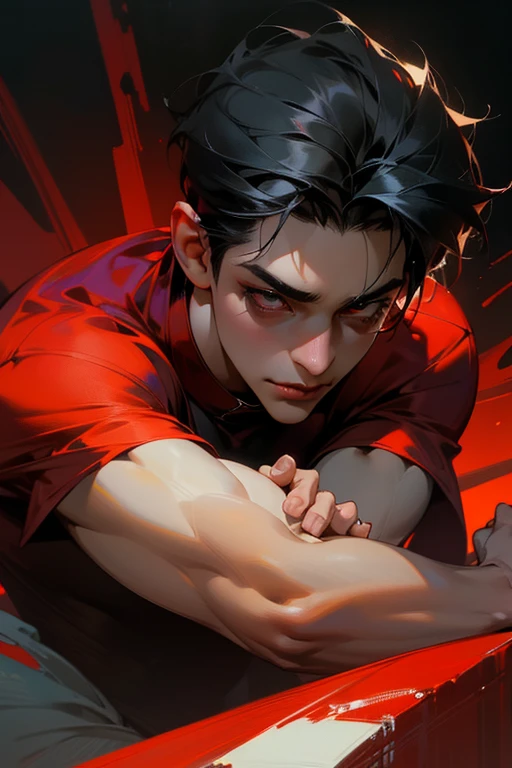 1 boy,,handsome,,Muscular,,twink,,big amrs,,,,students,,black hair,, with white strands,,red eyes,,lookinng seductively,,wearing a uniform,,juicy neck,, smooth skin,,long lashes,, pretty boy esthetic,, Red inviroment,,, 3/4 face viewA handsome boy with charming black hair and white strands, red eyes looking seductively, wearing a , with a juicy neck, smooth skin, and long lashes, in a red environment, half body, 3/4 face view, (best quality,4k,8k,highres,masterpiece:1.2),ultra-detailed,(realistic,photorealistic,photo-realistic:1.37),HDR,UHD,studio lighting,ultra-fine painting,sharp focus,physically-based rendering,extreme detail description,professional,vivid color Half body
