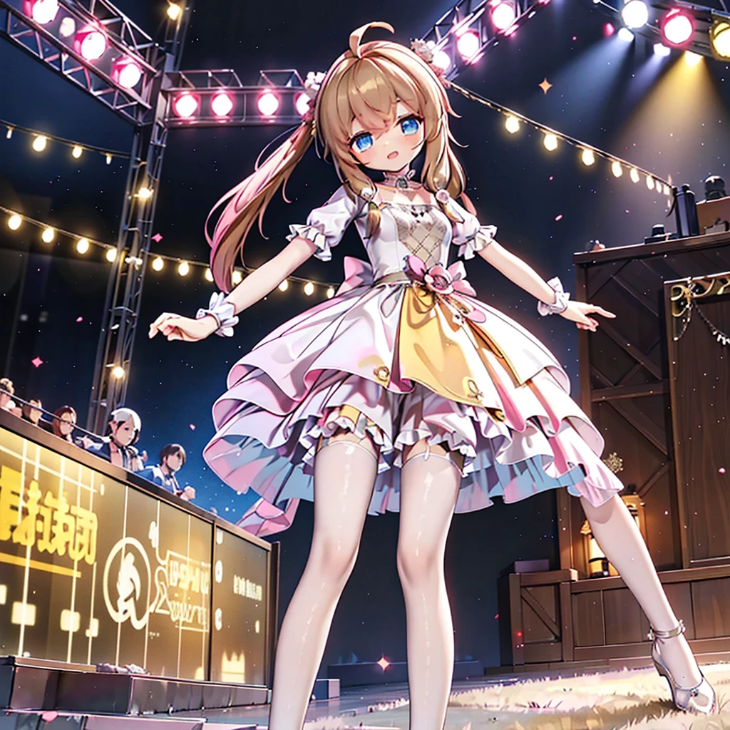Solo girl, comical, kawaii, Blue eyes, light brown hair, back high twintails, front braids, (yellow princess dress), ((yellow dress 1.5)), open mouth smile, front view, standing at the stage, standard stand, neon and led lights, posing, sexy, high-resolution image, masterpiece, high quality, attractive eyes, perfect leg, two legs 
