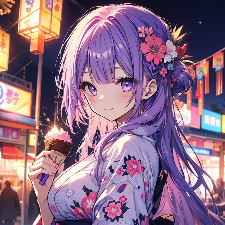 1 girl、Mature、Ample breasts、Long Hair、Purple Hair、yukata、Holding cotton candy、night、firework、fair、A seductive smile、High resolution、Highest quality